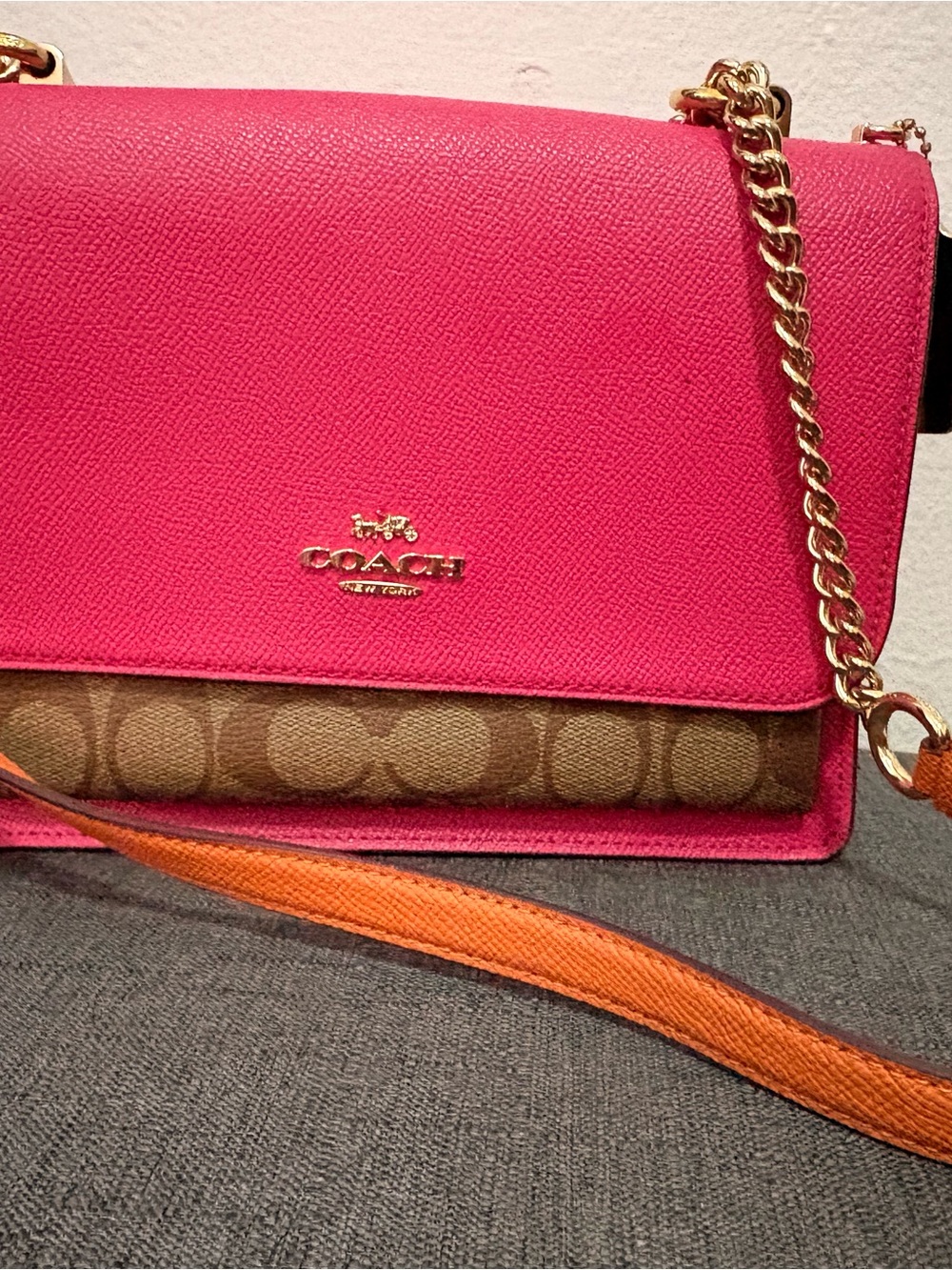 Coach Hot Pink Signature Canvas Crossbody with Orange Strap